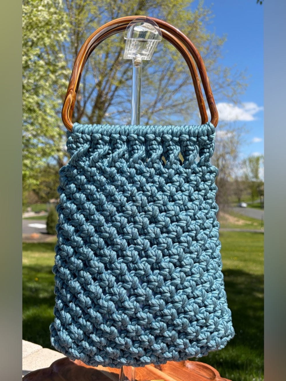 Vintage Macrame Handbag Blue Nylon Handmade EUC - Picture 11 of 11